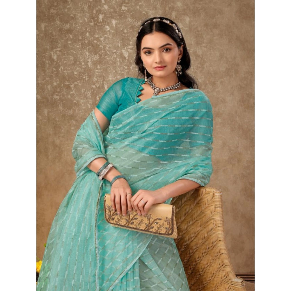 Generic Women's Linen Line Saree With Unstitched Blouse (Turquoise Green, 5-6 Mtrs) - Noble Nook