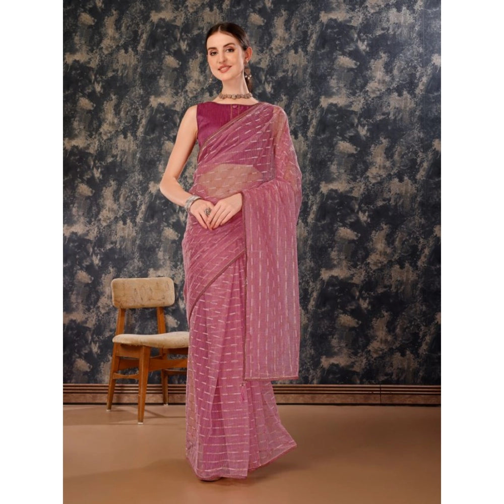 Generic Women's Linen Line Saree With Unstitched Blouse (Purple, 5-6 Mtrs) - Noble Nook