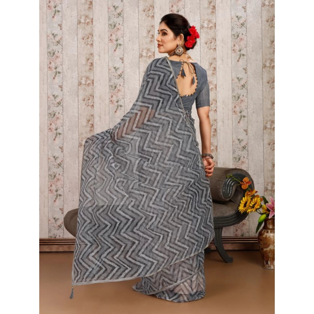 Generic Women's Linen Zig Zag Saree With Unstitched Blouse (Grey, 5-6 Mtrs) - Noble Nook