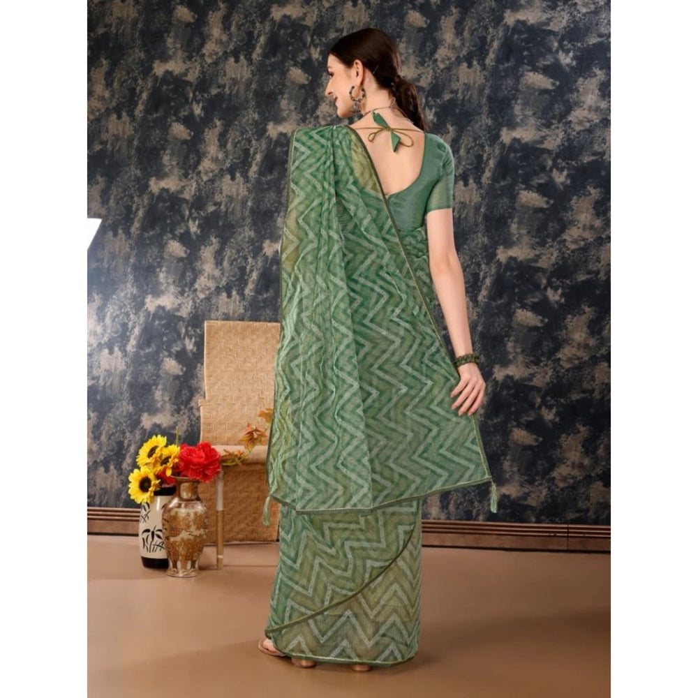 Generic Women's Linen Zig Zag Saree With Unstitched Blouse (Green, 5-6 Mtrs) - Noble Nook