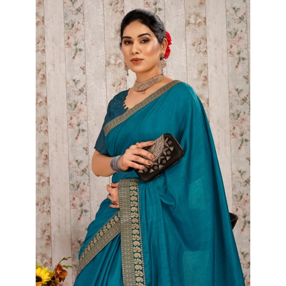 Generic Women's Vichitra Plain Saree With Unstitched Blouse (Blue, 5-6 Mtrs) - Noble Nook