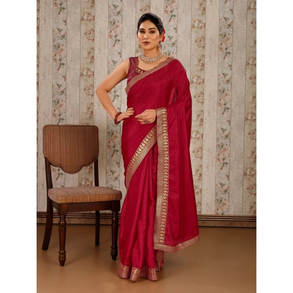 Generic Women's Vichitra Plain Saree With Unstitched Blouse (Maroon, 5-6 Mtrs) - Noble Nook