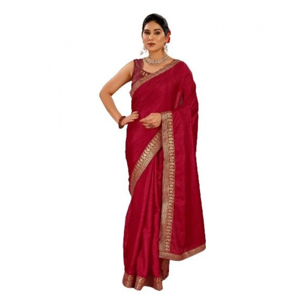 Generic Women's Vichitra Plain Saree With Unstitched Blouse (Maroon, 5-6 Mtrs) - Noble Nook