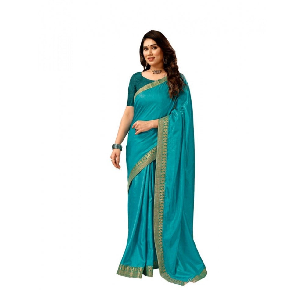 Generic Women's Vichitra Plain Saree With Unstitched Blouse (Teal Blue, 5-6 Mtrs) - Noble Nook