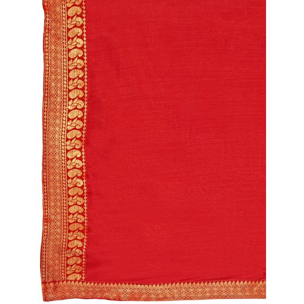 Generic Women's Vichitra Plain Saree With Unstitched Blouse (Red, 5-6 Mtrs) - Noble Nook