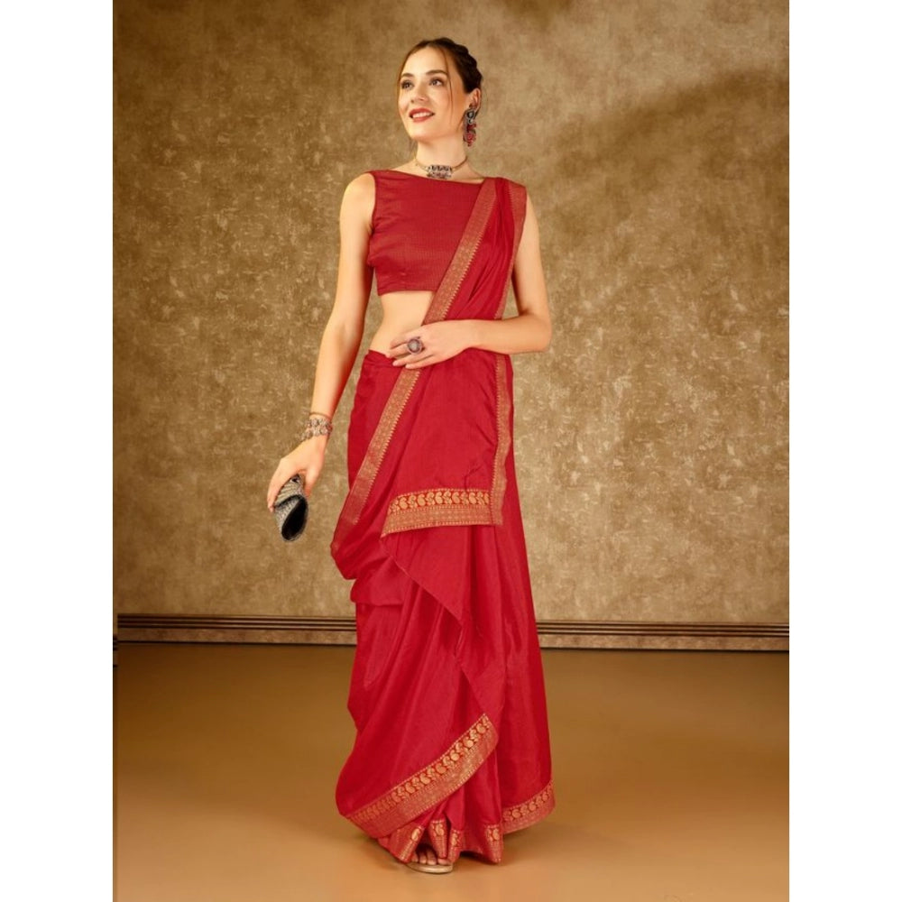 Generic Women's Vichitra Plain Saree With Unstitched Blouse (Red, 5-6 Mtrs) - Noble Nook