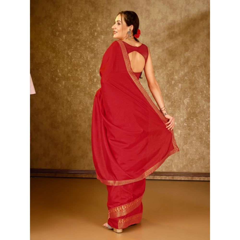 Generic Women's Vichitra Plain Saree With Unstitched Blouse (Red, 5-6 Mtrs) - Noble Nook