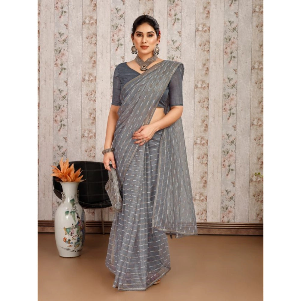 Generic Women's Linen Line Saree With Unstitched Blouse (Grey, 5-6 Mtrs) - Noble Nook