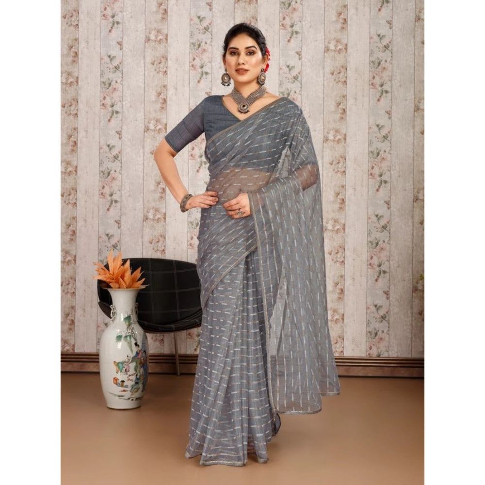 Generic Women's Linen Line Saree With Unstitched Blouse (Grey, 5-6 Mtrs) - Noble Nook