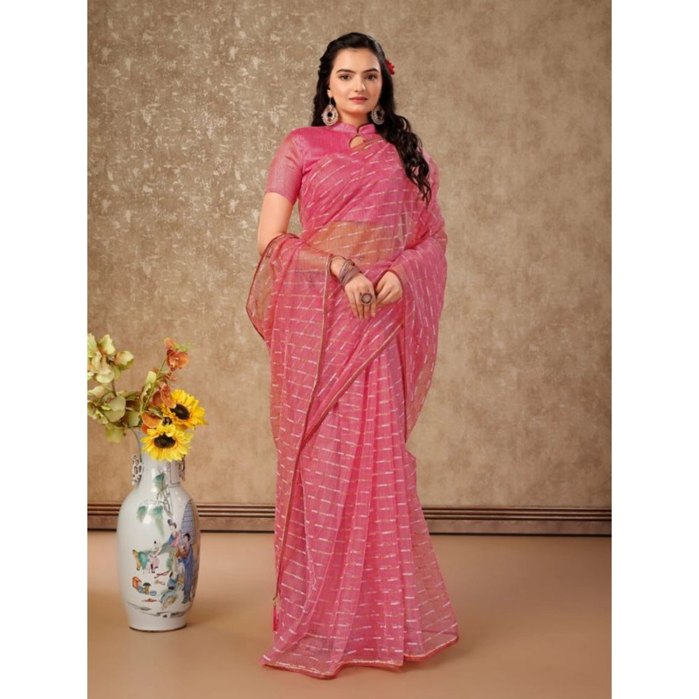 Generic Women's Linen Line Saree With Unstitched Blouse (Pink, 5-6 Mtrs) - Noble Nook