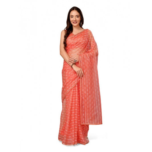 Generic Women's Linen Line Saree With Unstitched Blouse (Orange, 5-6 Mtrs) - Noble Nook