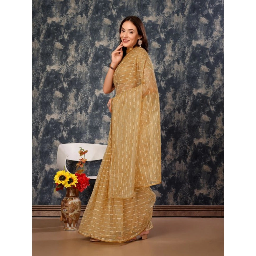 Generic Women's Linen Line Saree With Unstitched Blouse (Beige, 5-6 Mtrs) - Noble Nook