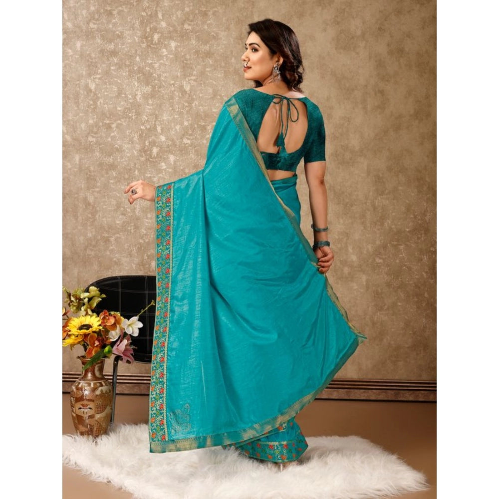 Generic Women's Vichitra Swiroshki Butta Saree With Unstitched Blouse (Turquoise Blue, 5-6 Mtrs) - Noble Nook