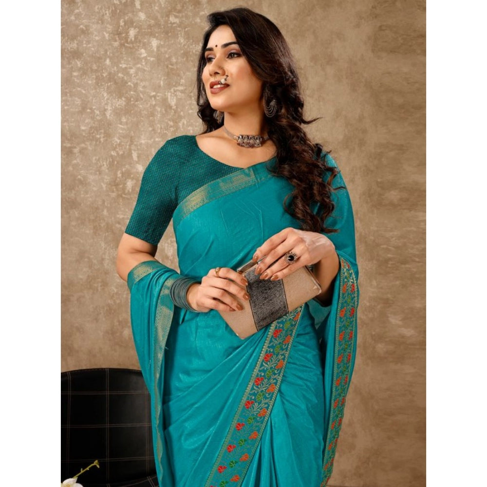 Generic Women's Vichitra Swiroshki Butta Saree With Unstitched Blouse (Turquoise Blue, 5-6 Mtrs) - Noble Nook