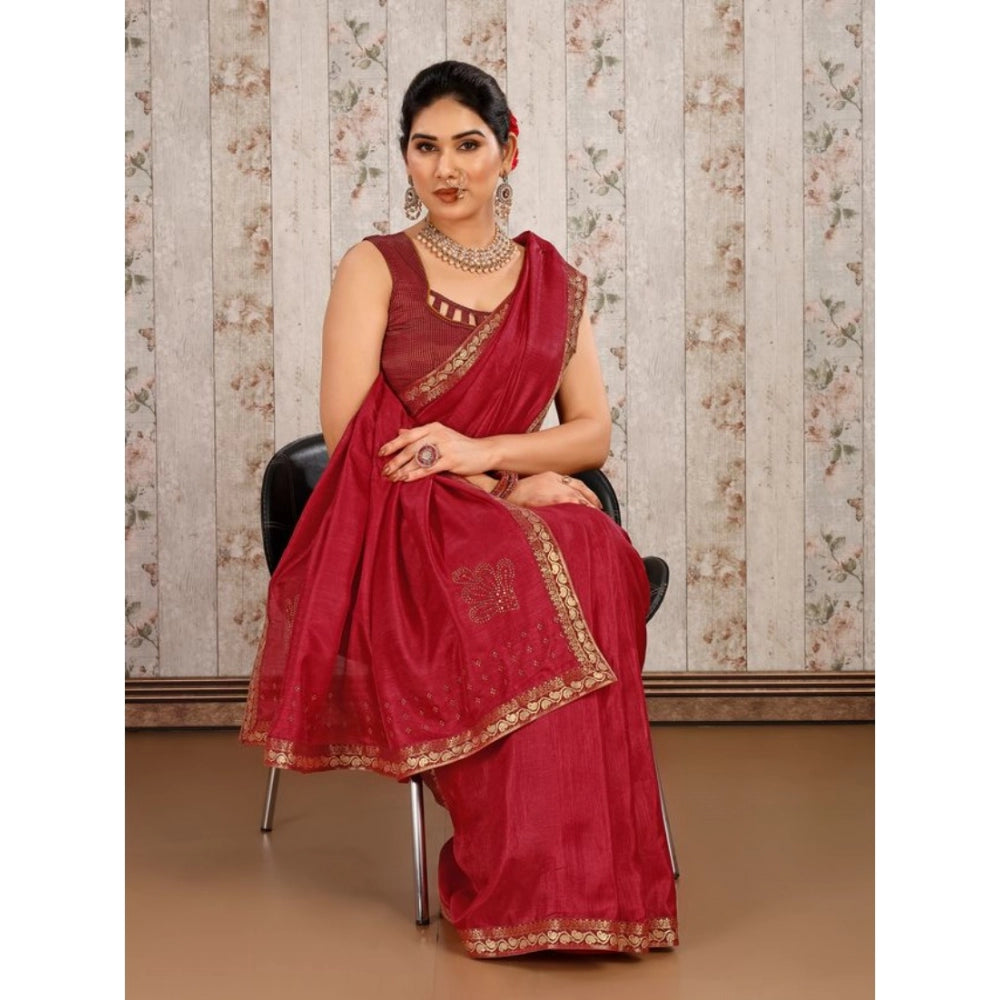 Generic Women's Vichitra Swiroshki Butta Saree With Unstitched Blouse (Maroon, 5-6 Mtrs) - Noble Nook