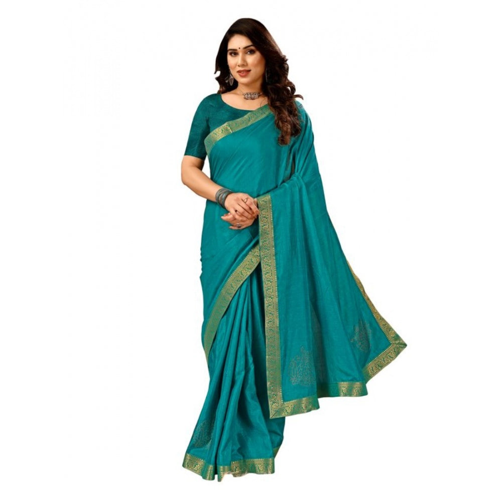 Generic Women's Vichitra Swiroshki Butta Saree With Unstitched Blouse (Teal Blue, 5-6 Mtrs) - Noble Nook