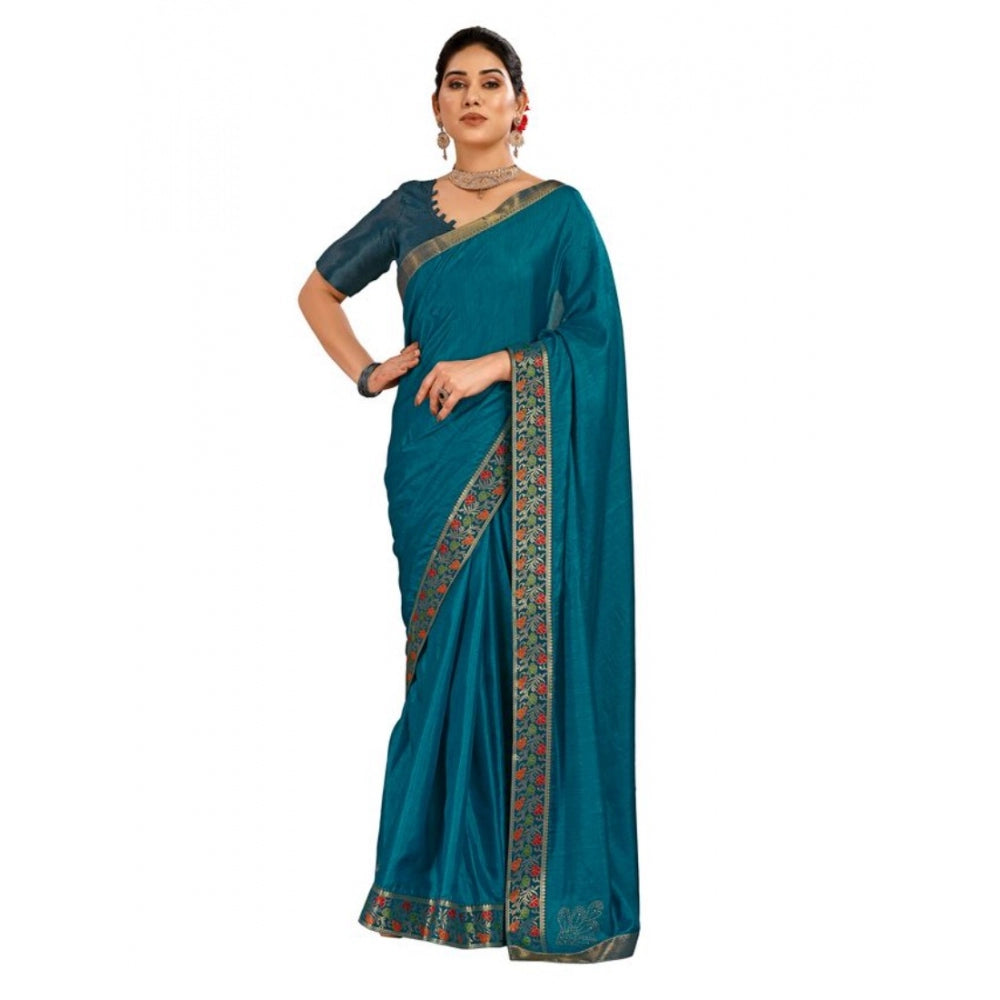 Generic Women's Vichitra Swiroshki Butta Saree With Unstitched Blouse (Teal Blue, 5-6 Mtrs) - Noble Nook