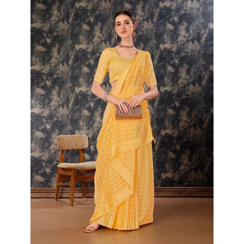 Generic Women's Chiffon Fabric Line Saree With Unstitched Blouse (Yellow, 5-6 Mtrs) - Noble Nook