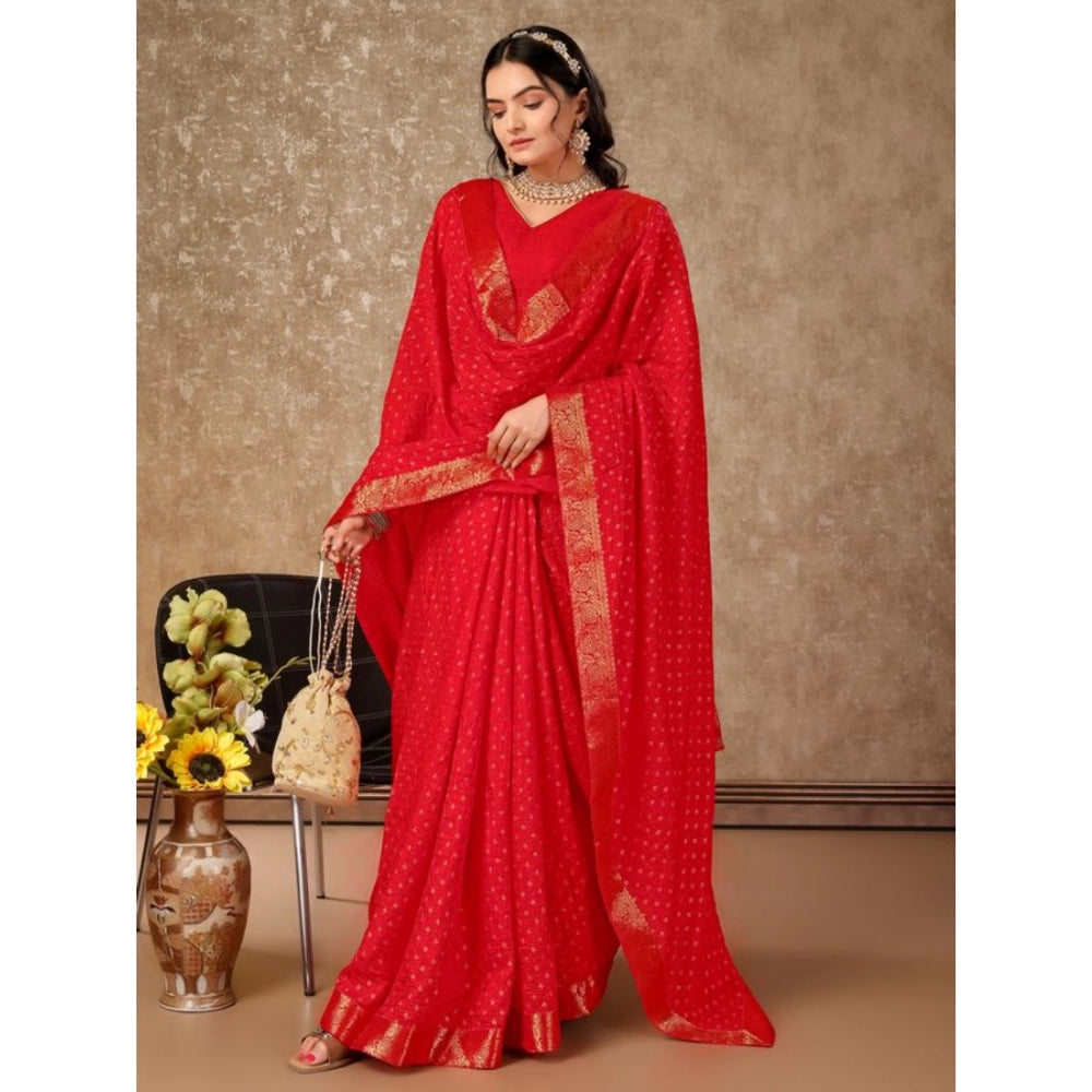 Generic Women's Vichitra Bandhani Saree With Unstitched Blouse (Red, 5-6 Mtrs) - Noble Nook