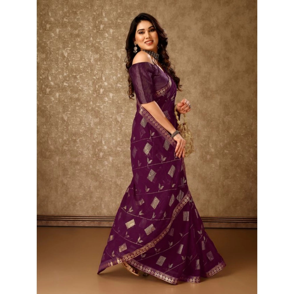 Generic Women's Zomto Patta Chiffon Saree With Unstitched Blouse (Wine, 5-6 Mtrs) - Noble Nook