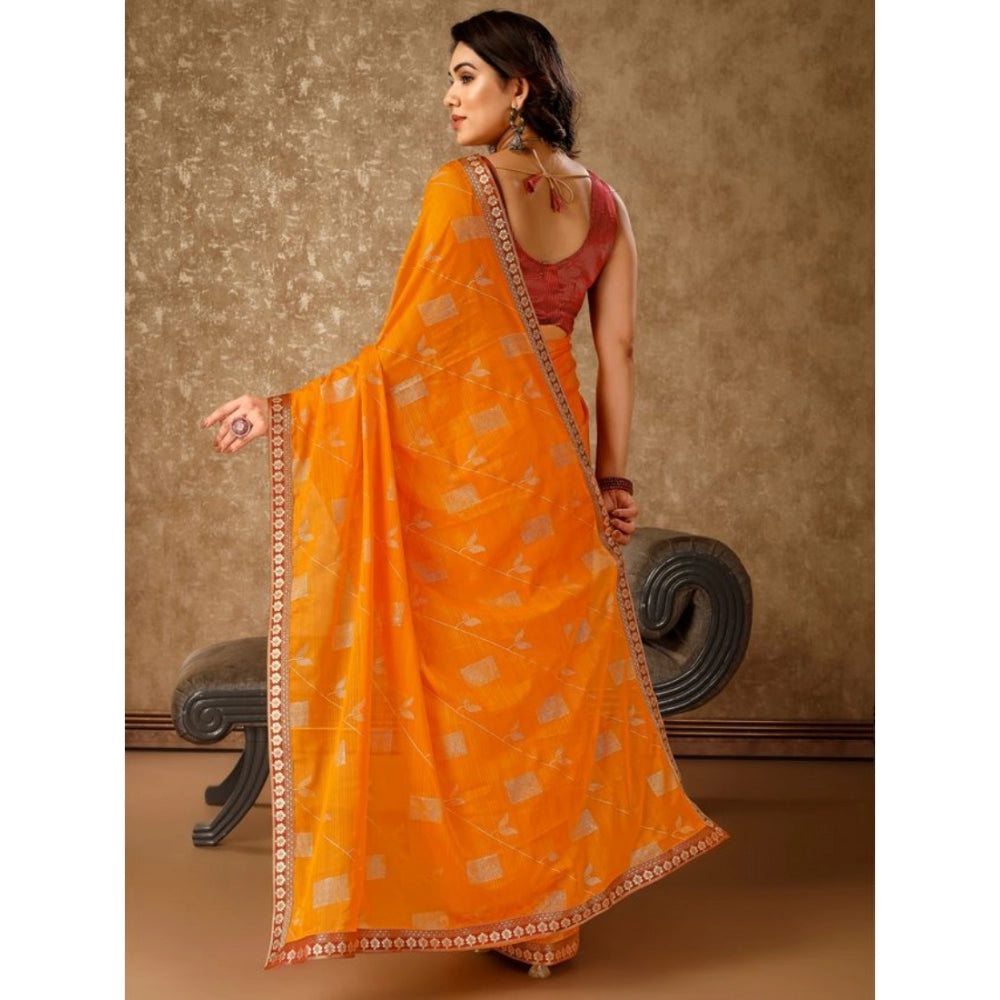 Generic Women's Zomto Patta Chiffon Saree With Unstitched Blouse (Yellow, 5-6 Mtrs) - Noble Nook