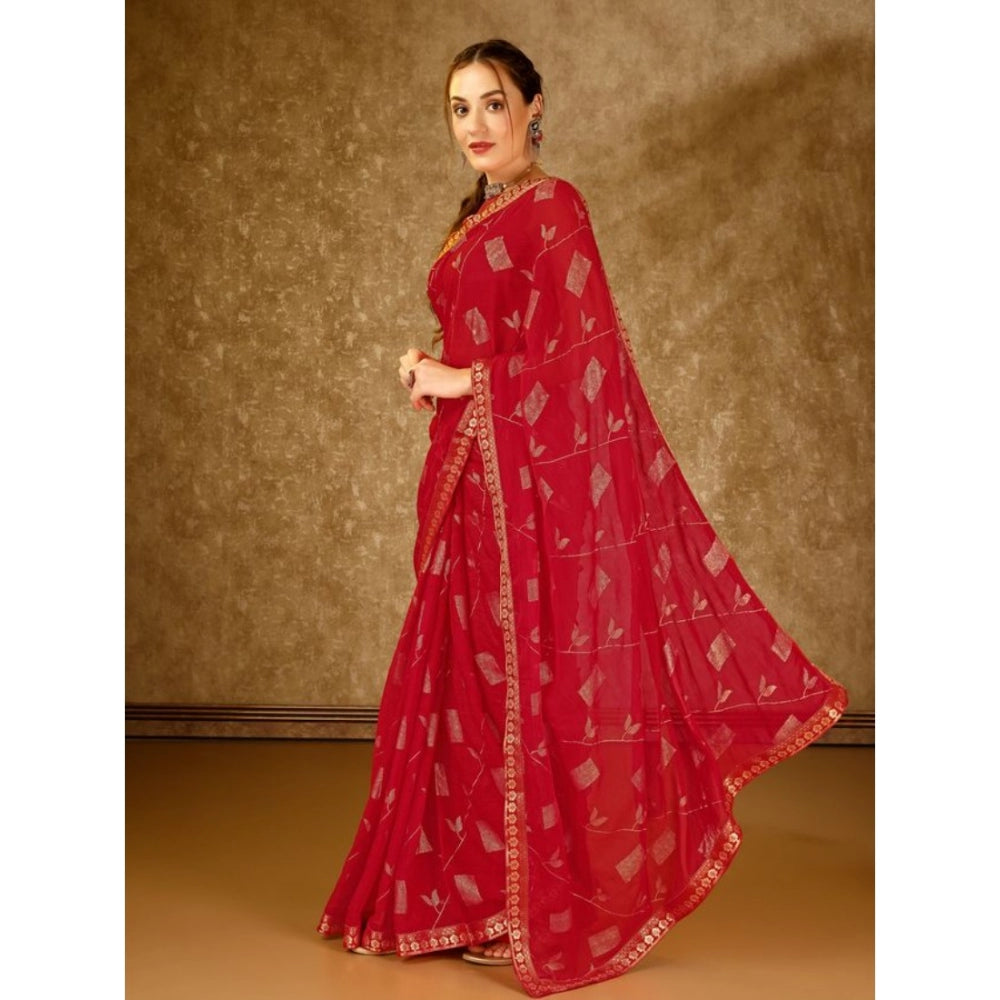 Generic Women's Zomto Patta Chiffon Saree With Unstitched Blouse (Red, 5-6 Mtrs) - Noble Nook