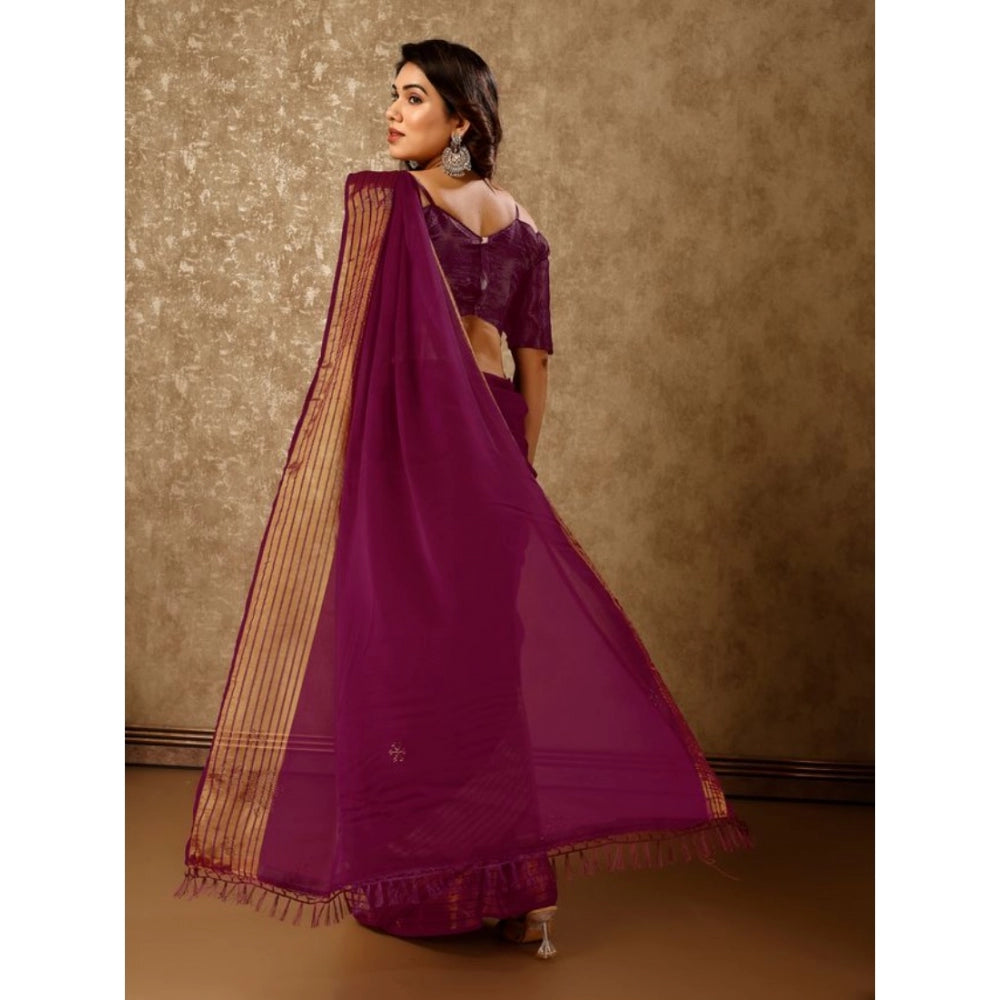 Generic Women's Chiffon Fabric Plain Saree With Unstitched Blouse (Wine, 5-6 Mtrs) - Noble Nook