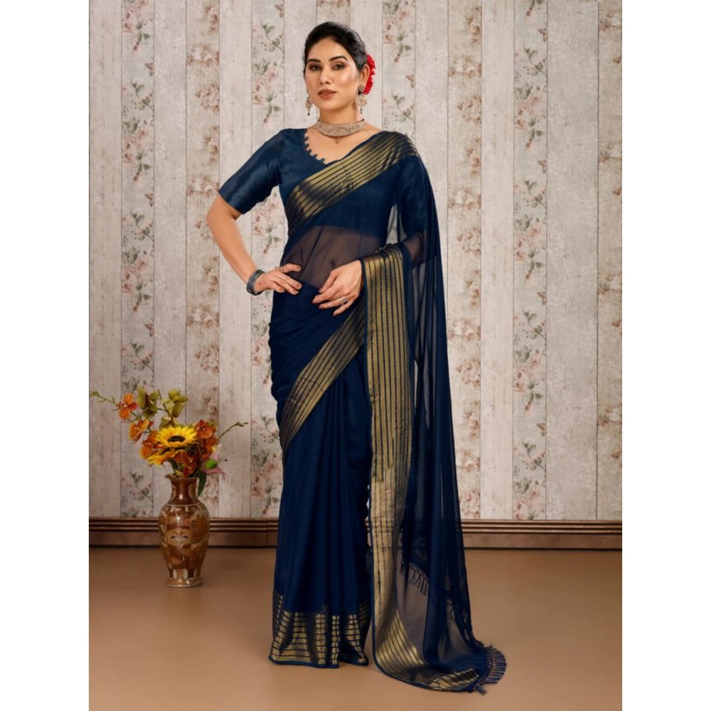 Generic Women's Chiffon Fabric Plain Saree With Unstitched Blouse (Blue, 5-6 Mtrs) - Noble Nook