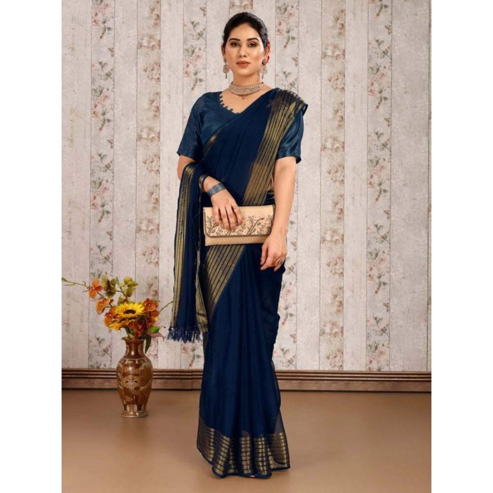 Generic Women's Chiffon Fabric Plain Saree With Unstitched Blouse (Blue, 5-6 Mtrs) - Noble Nook