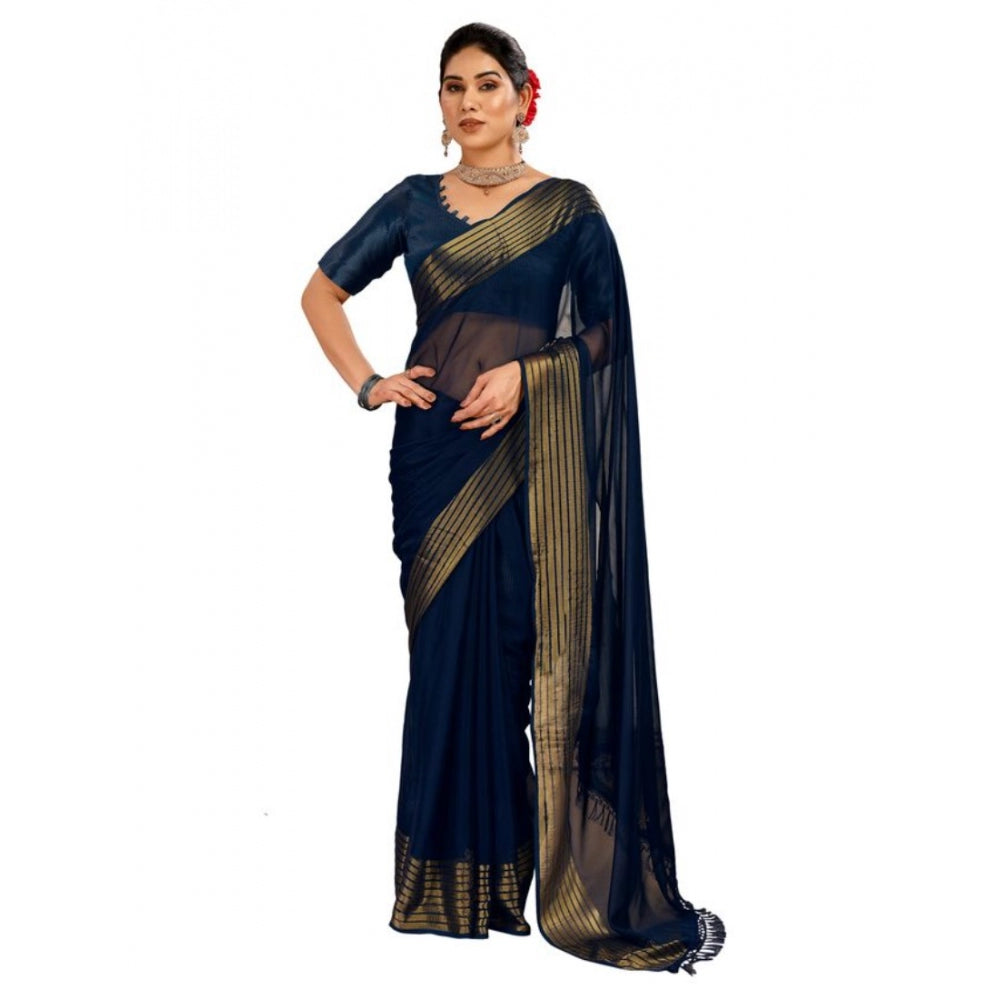 Generic Women's Chiffon Fabric Plain Saree With Unstitched Blouse (Blue, 5-6 Mtrs) - Noble Nook