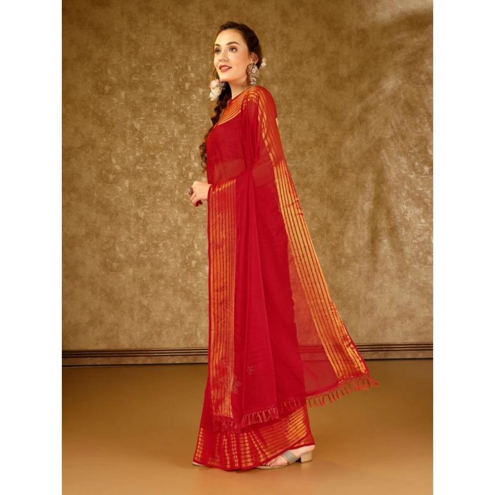 Generic Women's Chiffon Fabric Plain Saree With Unstitched Blouse (Red, 5-6 Mtrs) - Noble Nook