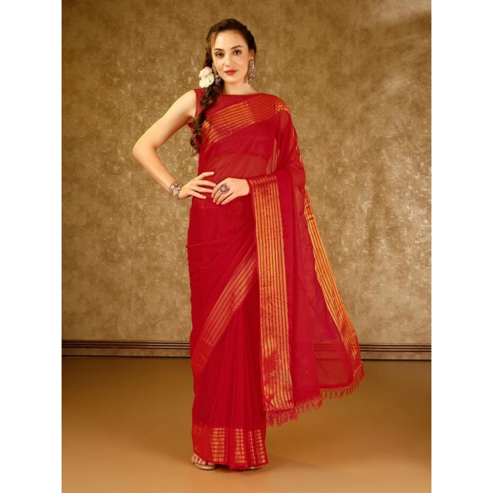 Generic Women's Chiffon Fabric Plain Saree With Unstitched Blouse (Red, 5-6 Mtrs) - Noble Nook