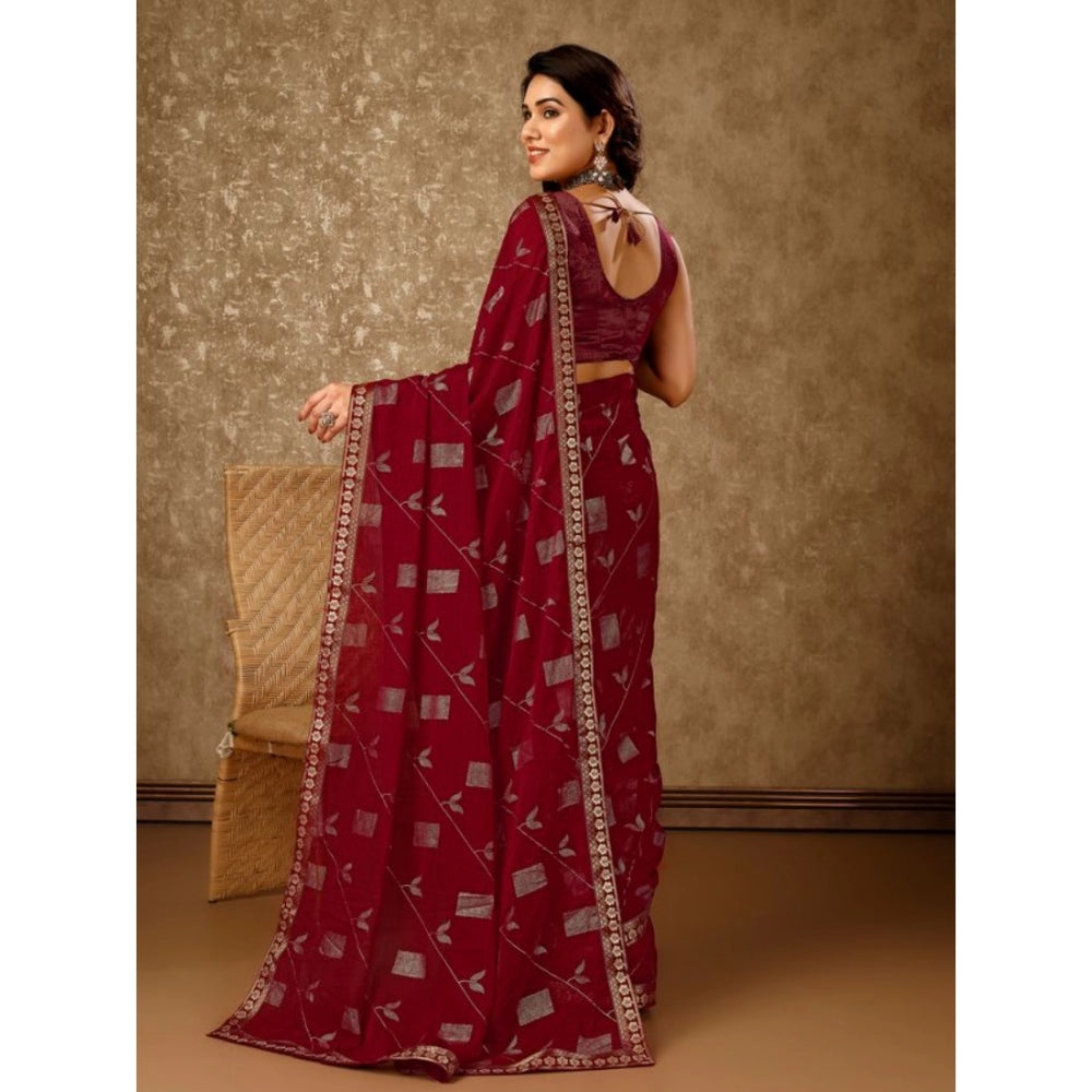 Generic Women's Zomto Patta Chiffon Saree With Unstitched Blouse (Maroon, 5-6 Mtrs) - Noble Nook