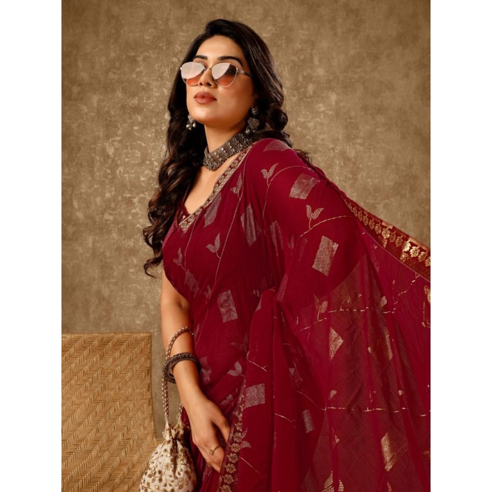 Generic Women's Zomto Patta Chiffon Saree With Unstitched Blouse (Maroon, 5-6 Mtrs) - Noble Nook