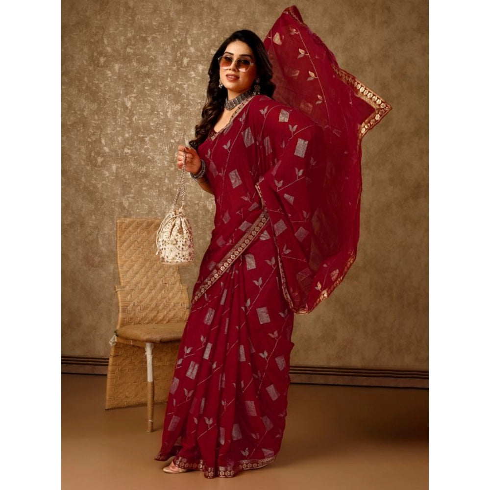 Generic Women's Zomto Patta Chiffon Saree With Unstitched Blouse (Maroon, 5-6 Mtrs) - Noble Nook