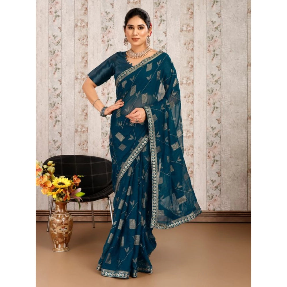 Generic Women's Zomto Patta Chiffon Saree With Unstitched Blouse (Blue, 5-6 Mtrs) - Noble Nook