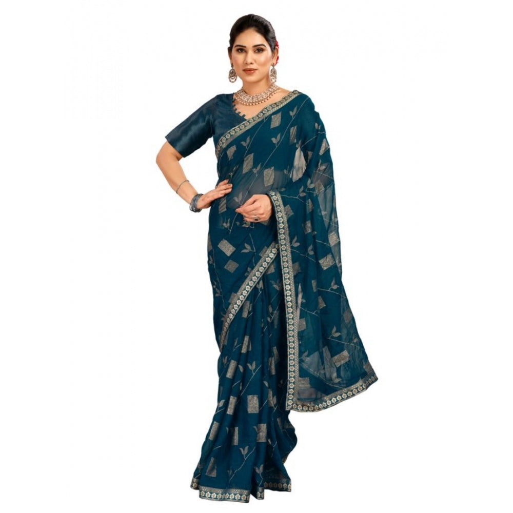 Generic Women's Zomto Patta Chiffon Saree With Unstitched Blouse (Blue, 5-6 Mtrs) - Noble Nook