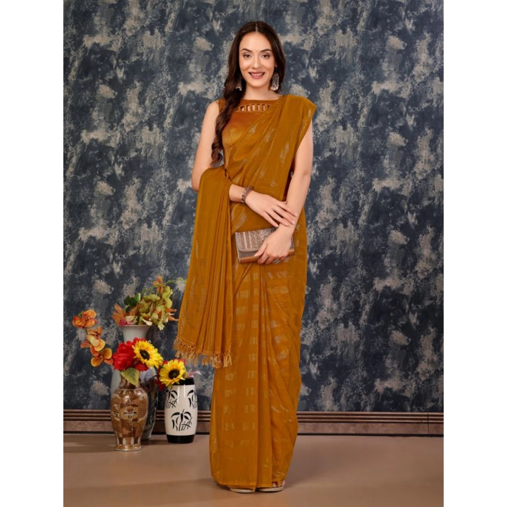 Generic Women's Chiffon Fabric Line Saree With Unstitched Blouse (Mustard, 5-6 Mtrs) - Noble Nook