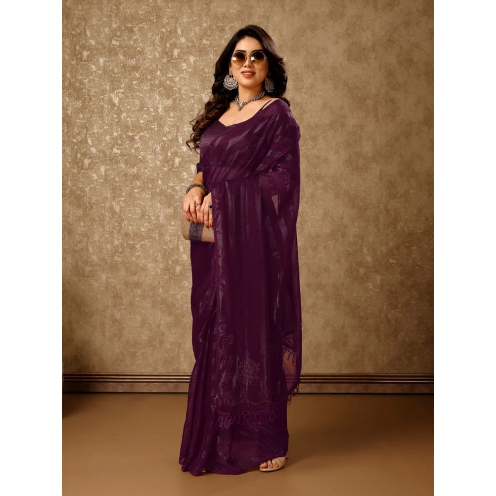 Generic Women's Chiffon Fabric Line Saree With Unstitched Blouse (Purple, 5-6 Mtrs) - Noble Nook