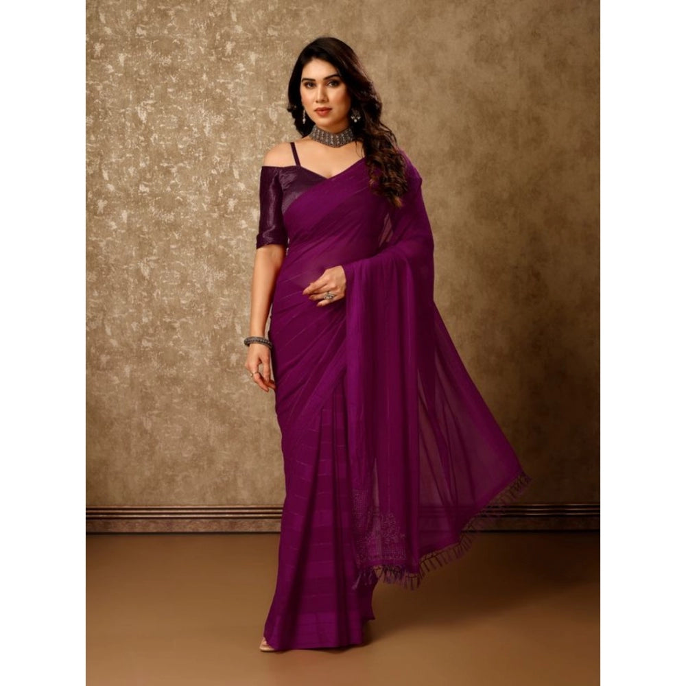 Generic Women's Chiffon Fabric Line Saree With Unstitched Blouse (Wine, 5-6 Mtrs) - Noble Nook