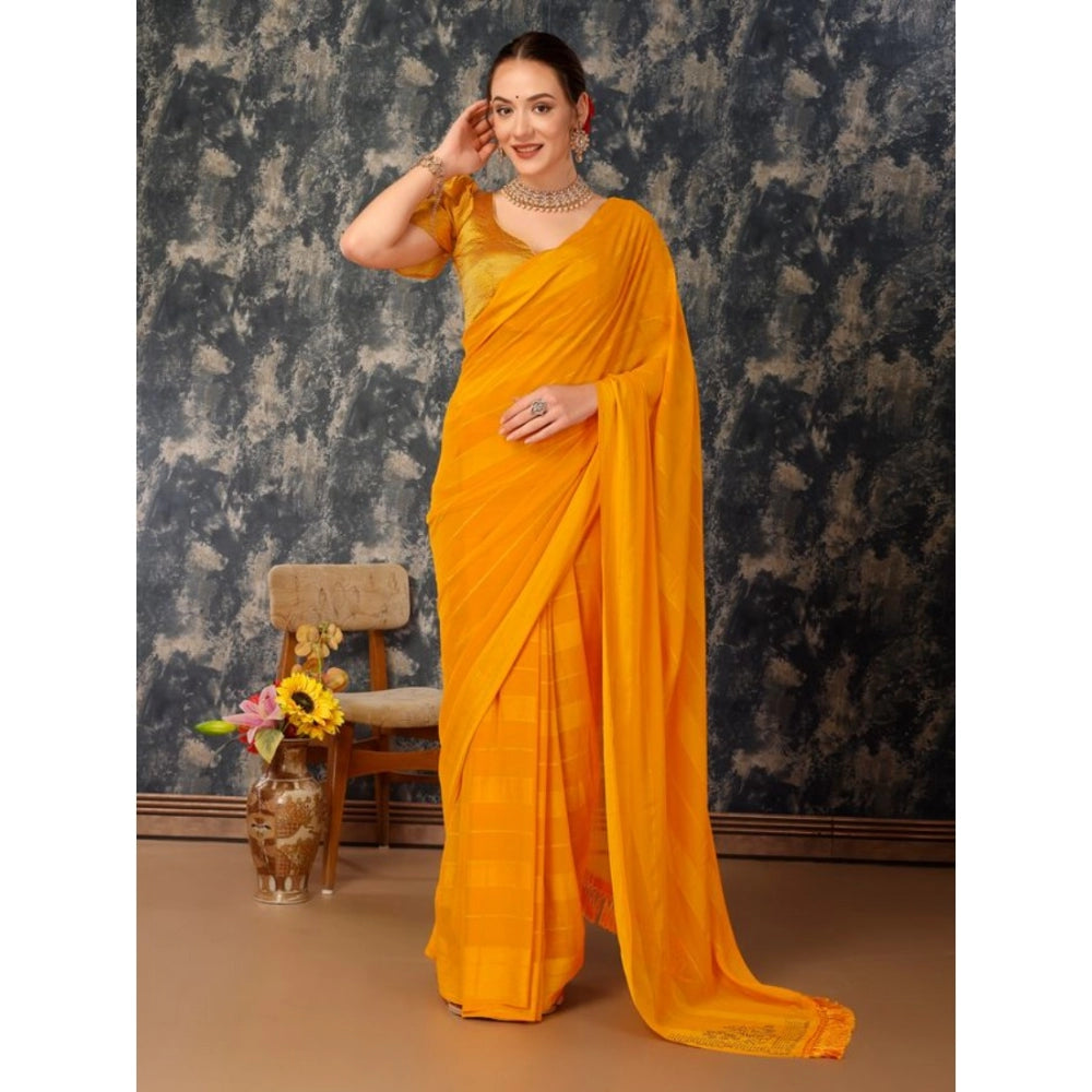 Generic Women's Chiffon Fabric Line Saree With Unstitched Blouse (Yellow, 5-6 Mtrs) - Noble Nook