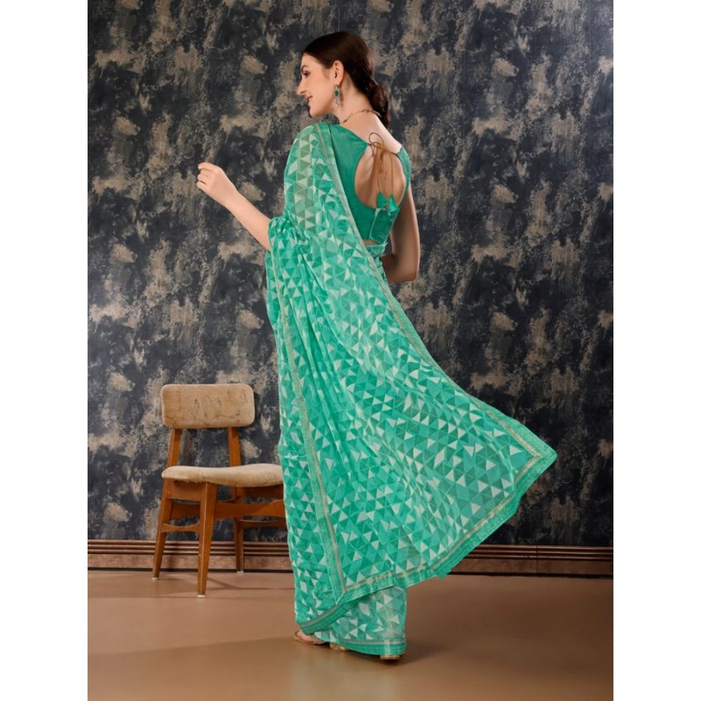 Generic Women's Zomto Printed Saree With Unstitched Blouse (Turquoise Green, 5-6 Mtrs) - Noble Nook