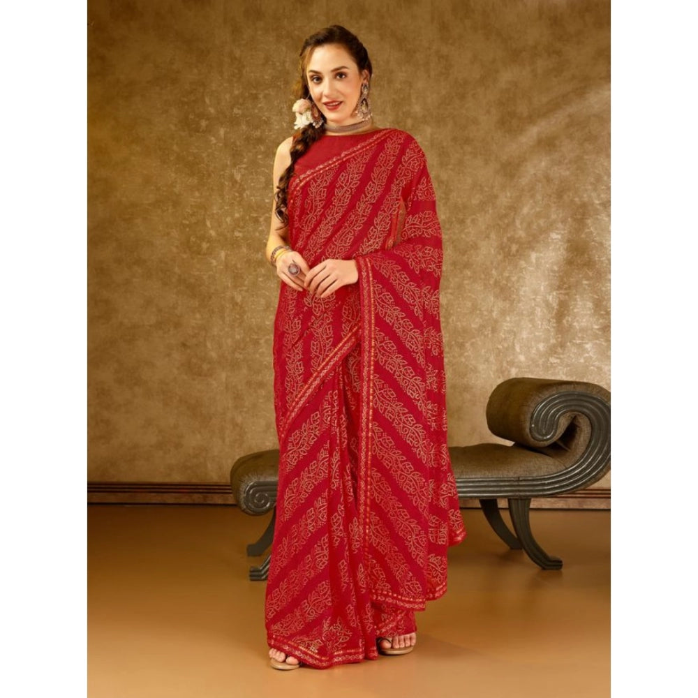 Generic Women's Zomto Bandhani Saree With Unstitched Blouse (Red, 5-6 Mtrs) - Noble Nook