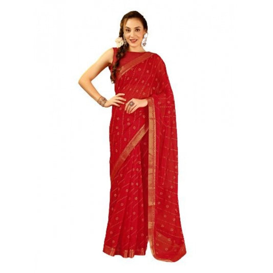 Generic Women's Zomto Bandhani Saree With Unstitched Blouse (Red, 5-6 Mtrs) - Noble Nook