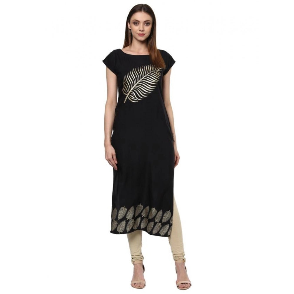 Generic Women's Casual Short Sleeves Ethnic Motifs Crepe Kurti (Black) - Noble Nook