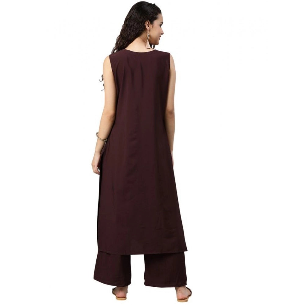 Generic Women's Casual sleeveless Solid Crepe Kurti And Palazzo Set (Brown) - Noble Nook