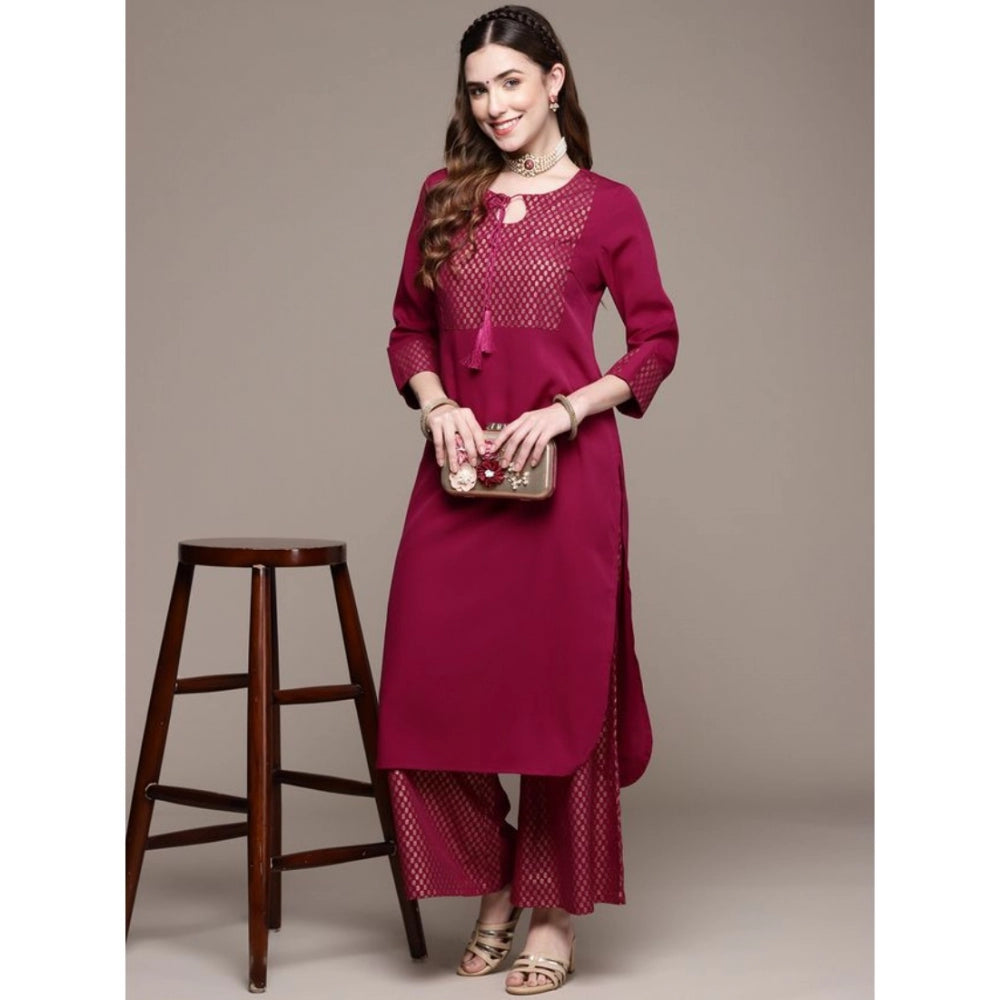 Generic Women's Casual Full Sleeve Ethnic Motifs Crepe Kurti and Palazzo Set (Dark Pink) - Noble Nook