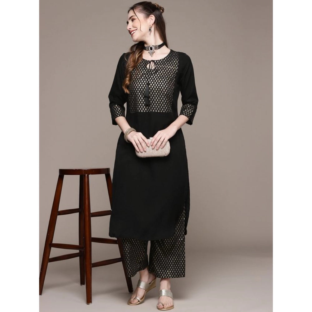 Generic Women's Casual Full Sleeve Ethnic Motifs Crepe Kurti and Palazzo Set (Black) - Noble Nook