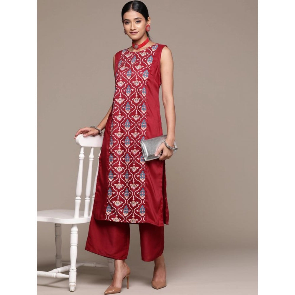 Generic Women's Casual Sleeveless Floral Printed Chinon Kurti and Palazzo Set (Maroon) - Noble Nook