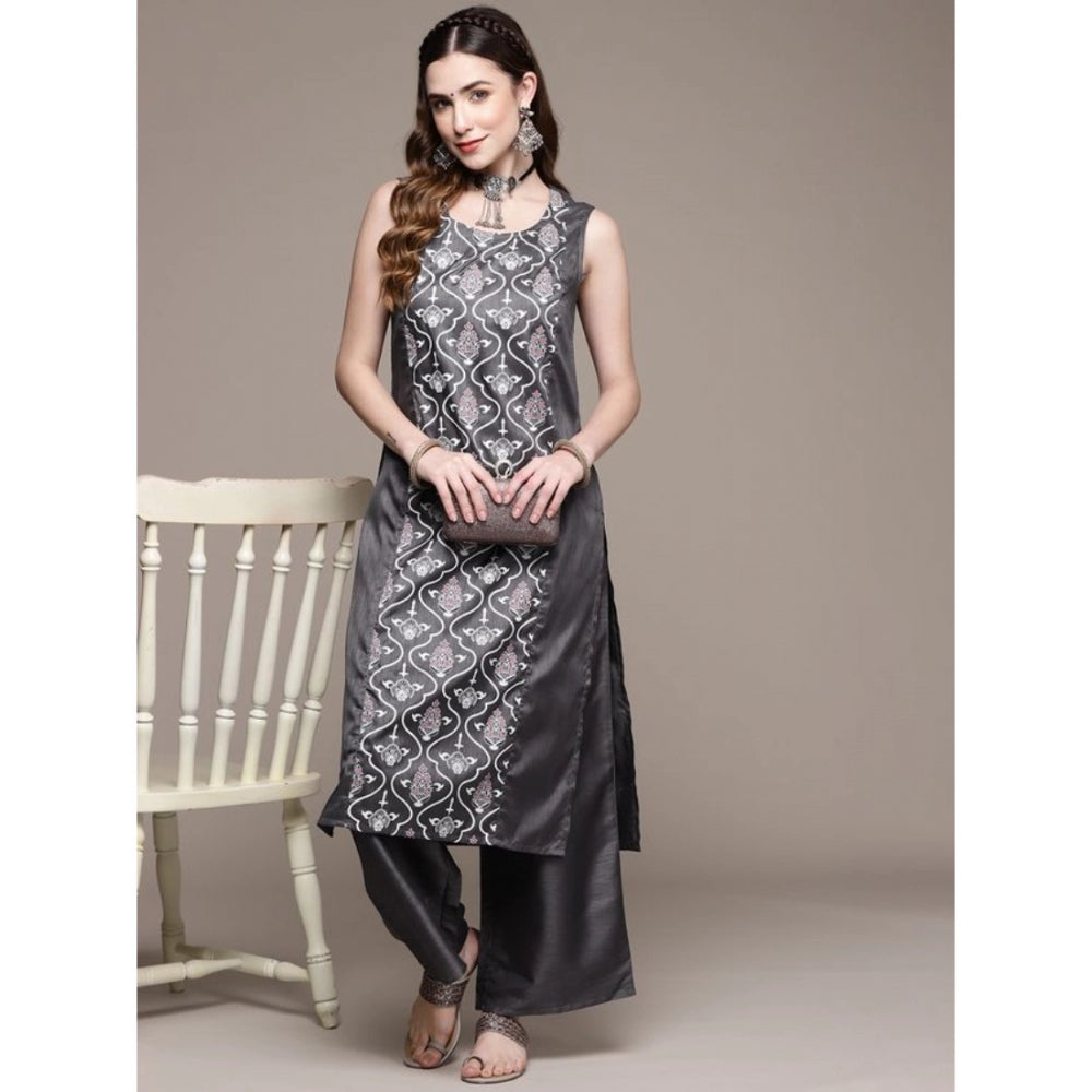 Generic Women's Casual Sleeveless Floral Printed Poly Silk Kurti and Palazzo Set (Dark Grey) - Noble Nook